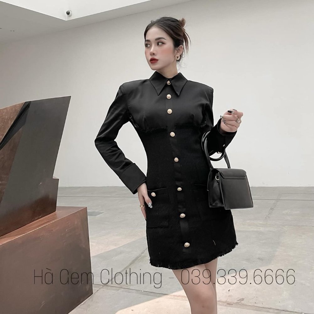 Elegant Classy Button Up Mini Long Sleeve Work Party Casual Tweed Silk Dress